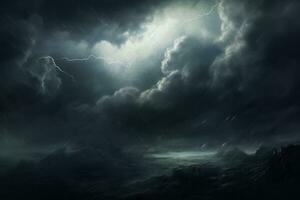 Dark stormy sky with lightning and clouds. Generative AI photo