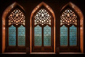 Mosque window with copy space. Generative AI photo