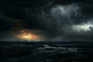 Dark stormy sky with lightning and clouds. Generative AI photo