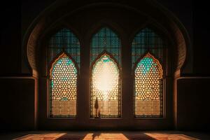 Mosque window with copy space. Generative AI photo