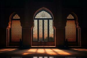 Mosque window with copy space. Generative AI photo