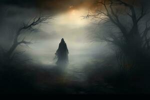 Mysterious figure in a mist shrouded landscape. Generative AI photo