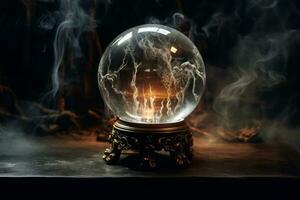 Mysterious smoke swirling around a crystal ball.. Generative AI photo