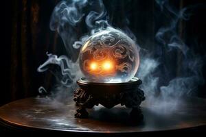 Mysterious smoke swirling around a crystal ball. Generative AI photo