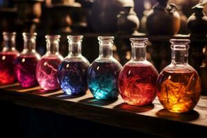 Mysterious potion bottles lined up.. Generative AI photo