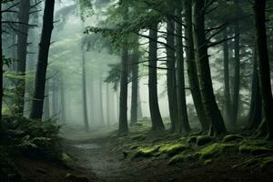 Mystic forest scene with morning fog. Generative AI photo