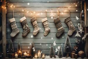 Nordic inspired flatlay with knit stockings, wooden ornaments. Generative AI photo