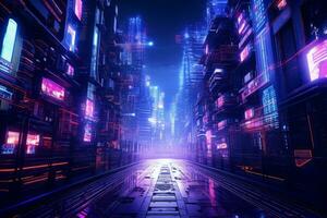 Futuristic city at night illuminated by colorful neon lights. Generative AI photo