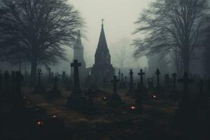 Ominous fog creeping through a graveyard. Generative AI photo