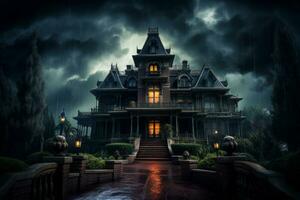 Ominous storm clouds gathering over a haunted mansion. Generative AI photo