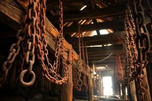Old, rusted chains hanging. Generative AI photo