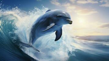 Dolphin leaping out of the water. Generative AI photo