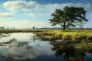 Peaceful Marshland with Reflective Water. Generative AI photo