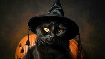 Playful portrait of a black cat wearing a witch hat. Generative AI photo