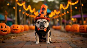Playful portrait of a dog wearing a costume in a Halloween pet parade. Generative AI photo