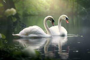 Playful Swans on Calm Pond. Generative AI photo