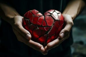 Person holding a cracked heart shaped object. Generative AI photo