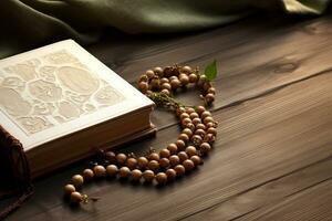 Quran and rosary on wooden background. Generative AI photo