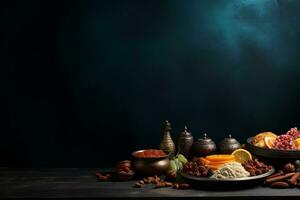 Ramadan iftar meal with copy space. Generative AI photo