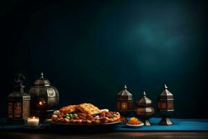 Ramadan iftar table with copy space. Generative AI photo