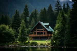 Remote cabin nestled among evergreen trees. Generative AI photo