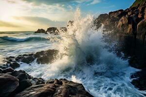 Rocky coastline meeting crashing waves. Generative AI photo