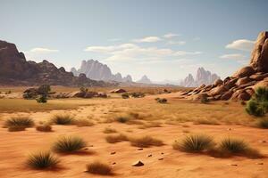 Rugged desert terrain and distant mountains. Generative AI photo