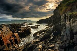 Rocky shoreline meeting the sea with dramatic clouds. Generative AI photo