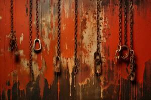 Rusted chains hanging from a wall. Generative AI photo