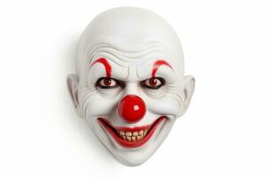 Scary clown mask with red nose isolated on white. Generative AI photo