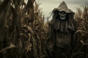 Scary scarecrow lurking in a cornfield. Generative AI photo