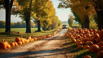 Scenic countryside drive with pumpkin patches along the roadside. Generative AI photo