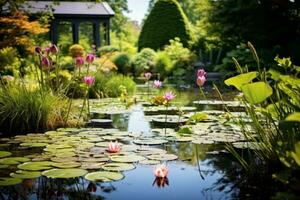 Peaceful Garden Pond with Water Lilies. Generative AI photo