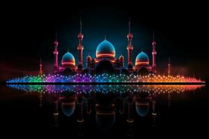 Silhouette of a mosque with colorful lights. Generative AI photo