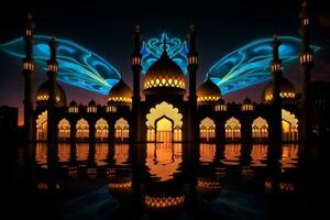 Silhouette of a mosque with colorful lights. Generative AI photo