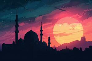 Silhouette of a mosque against a colorful sky. Generative AI photo