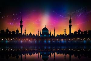 Silhouette of a mosque with colorful lights. Generative AI photo