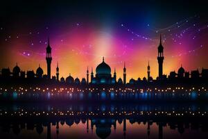 Silhouette of a mosque with colorful lights. Generative AI photo