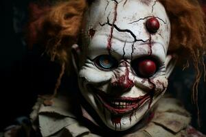 Sinister clown doll with a cracked face. Generative AI photo