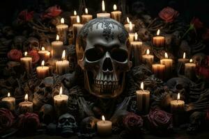 Skull surrounded by candles.. Generative AI photo