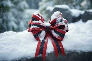 Snow covered pinecone with a red ribbon tied. Generative AI photo