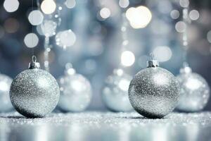 Sparkling silver ornaments on a background of shimmering holiday. Generative AI photo