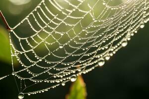 Spider web with dew drops glistening. Generative AI photo