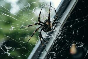Spider crawling on a broken windowpane.. Generative AI photo