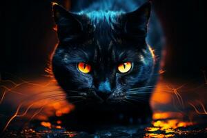 Spooky black cat with glowing eyes. Generative AI photo