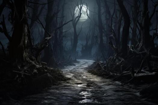 Spooky moonlit pathway through the woods. Generative AI photo