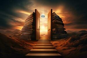 Book Stack Path to Open Door. Generative AI photo