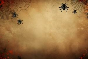 Spiders crawling on a cobweb covered background for your Halloween artwork.. Generative AI photo
