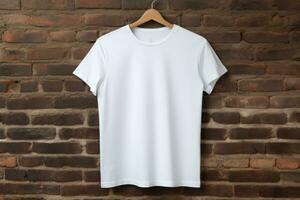 White t - shirt hanging on a brick wall. Generative AI photo