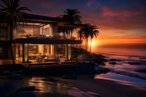 Sunset Glow at Luxurious Beach House. Generative AI photo